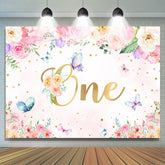 Toile de fond rose floral et papillon joyeux 1er anniversaire